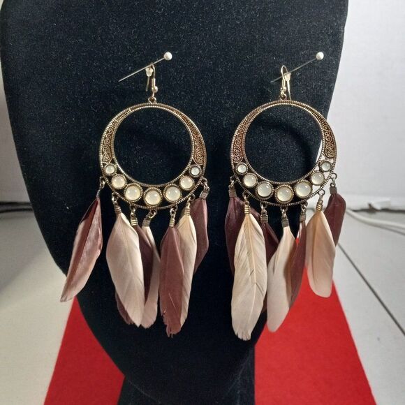 Feather Hoop Gold tone metal Earrings - Picture 1 of 6